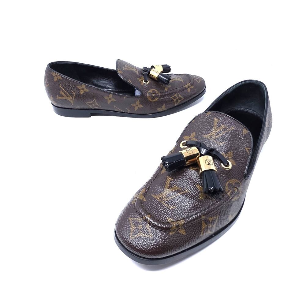Louis Vuitton Monogram Tassel Loafers Society Canvas LV Logo Slip Flats 37.5 7.5